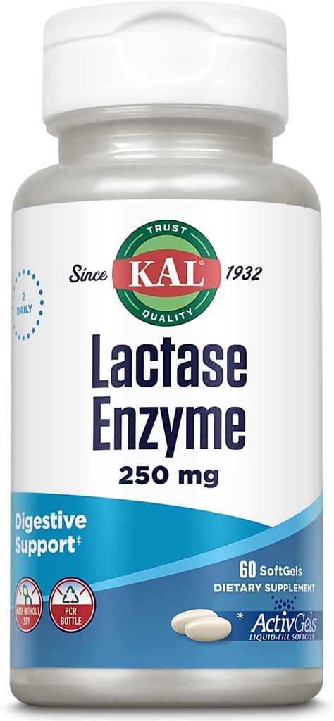 KAL Lactase Enzyme 250 mg, Υγιεινή υποστήριξη πήξεως για δυσανεξία στη λακτόζη, υγρό-φιλεμένα ενεργοποιητές Made Without Soy, 250 FCC Units, 30 Services, 60 SoftGels