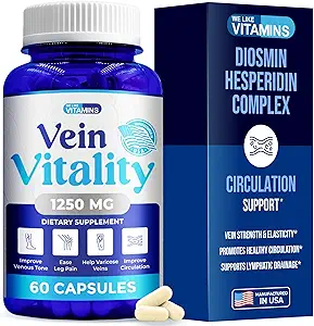 Μας αρέσει Βιταμίνες Vitality Vein 1250mg Diosmin Hesperidin Complex για τη θεραπεία των κιρσών, Horse Chestnut, Butchers Broom, Bioflavonoids - Υποστηρίζει την κυκλοφορία του αίματος για το πόδι Veins- 60 κάψουλες