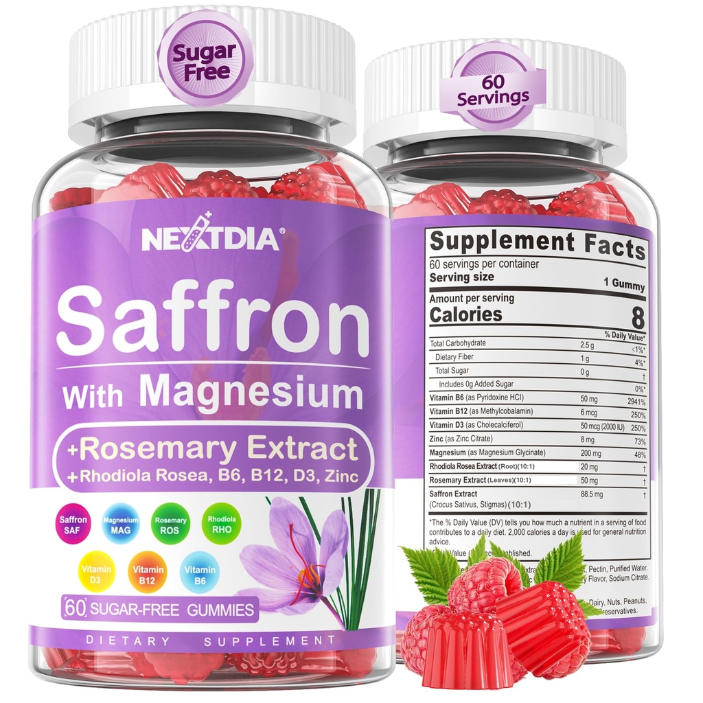 Σαφράν με Γλυκινικό Μαγνήσιο Gummies, 2 Μήνες Προμήθεια -Δωρεάν Ζάχαρη Μαγνήσιο 400/200mg w/Saffron,Rοδιόλα, Ροσεμάριο, B6,B12,D3 για S-leep, Ήρεμη, Focus, Χαλαρώστε, Νεύρο, Μελατονίνη Δωρεάν Gummies