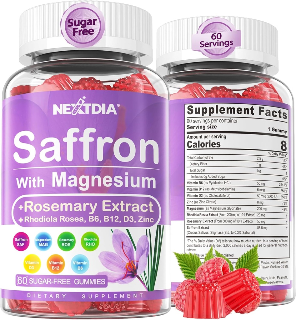 Saffron with Magnesium Glycinate Gummies, 2 Months Supply -Sugar Free Magnesium 400/200mg w/Saffron,Rhodiola,Rosemary, B6,B12,D3 for S-leep, Calm,Focus, Relax, Nerve, Melatonin Free Gummies