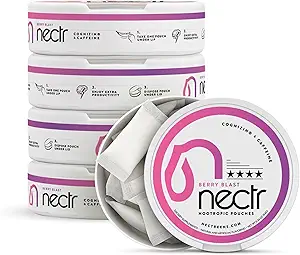 Nectr Energy Nootropic Pouches – Berry Blast Flavored, Caffeine Pouches με Cognizin® Citicoline. Φάρμακα εγκεφάλου χωρίς ζάχαρη. Ομαλή, διαρκής εστίαση & συμπλήρωμα ενέργειας - 5 Pucks των 16pcs