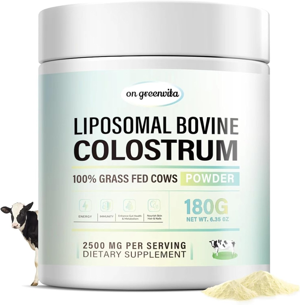 Liposomal Bovine Colostrum Powder - Pure Bovine Colostrum for Humans - Grass Fed Colostrum Supplement for Gut Support, Immune Health and Hair Growth,72 Μερίδες ανά μπουκάλι.180g/6.35 oz