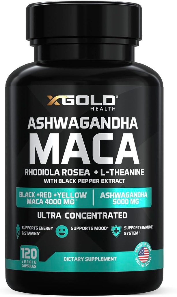 Ashwagandha 5,000mg + Maca Root Black, Red, Yellow 4,000mg, Rhodiola & L-Theanine: 30:1 Extract Ashwagandha Capsules, 20:1 Extract Maca Root Capsules - Supplement for Men and Women