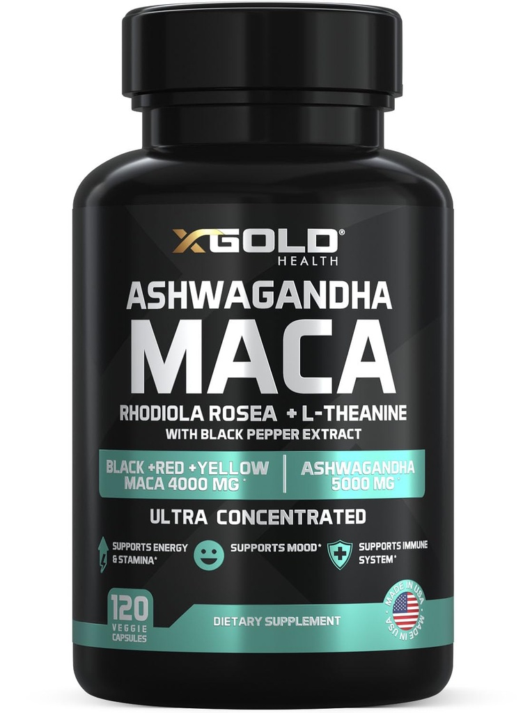 Ashwagandha 5.000mg + Maca Root Μαύρο, Κόκκινο, Κίτρινο 4.000mg, Rhodiola & L-Θεανίνη: 30:1 Εκχύλισμα Ashwagandha Κάψουλες, 20:1 Εκχύλισμα Maca Root Κάψουλες - Συμπλήρωμα για άνδρες και γυναίκες