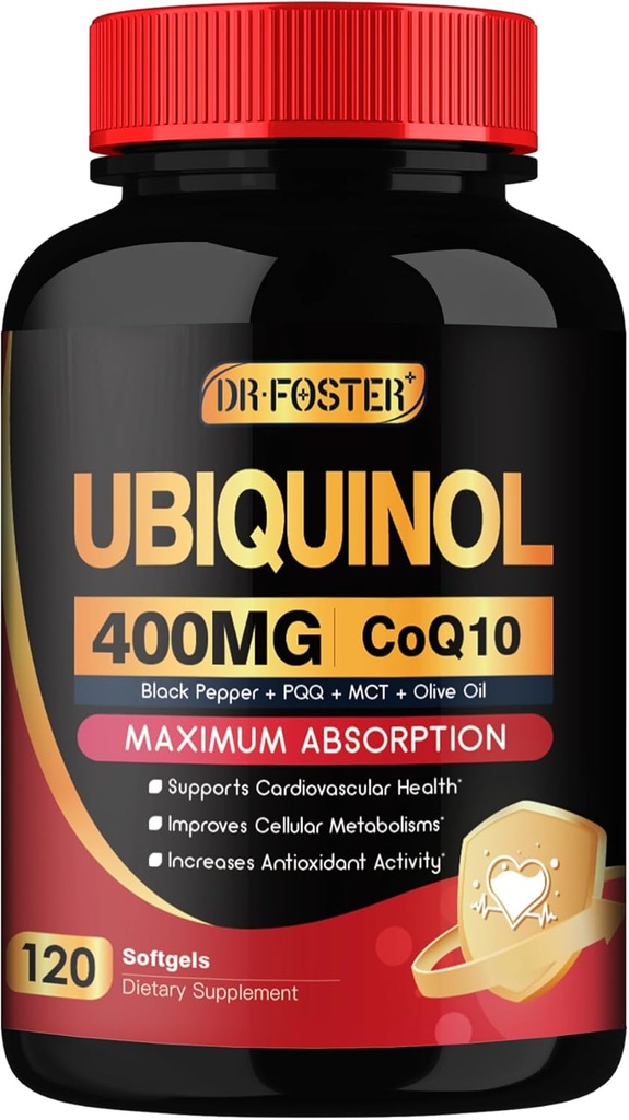 DRFOSTER Coq10 400mg Softgels Ubiquinol - Co Q 10 Συμπλήρωμα Συνένζυμο q10 Cq10 400mg Plus Βιταμίνη E, PQQ, Μαύρο Πιπέρι για την Υγεία της Καρδιάς, 120 Μετρήσεις