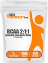 BulkSupplements.com BCAA 2:1:1 Σκόνη - Διακλαδισμένη Αλυσίδα Αμινοξέα, BCAAs Αμινοξέα Σκόνη - Χωρίς γεύση & Γλουτένη, 1g ανά Σερβίρισμα, 250g (8,8 oz) (Pack of 1)