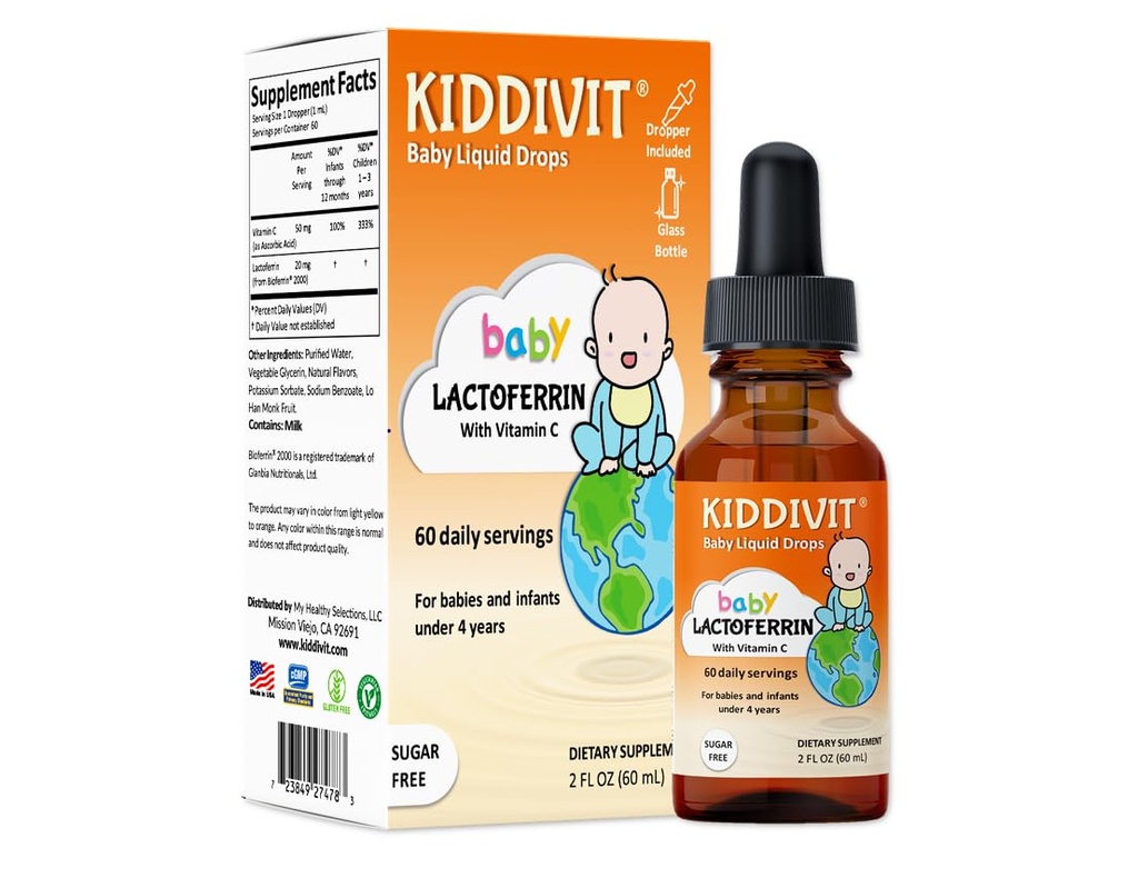 Kiddivit Baby Lactoferrin Liquid Drops – Gentle Immune Support Supplement – 100mg Formula with Prebiotic Inulin – 60 Daily Servings – Χωρίς ζάχαρη, Χωρίς γλουτένη, χορτοφαγικά, 2oz