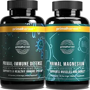 Magnesium Supplement & Immune Defense Supplements for Women and Men by Primal Harvest - Joint Support Capsules and Probiotic + Zinc + Vitamin Complex Pills Bundle
