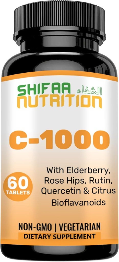 SHIFAA NUTRITION Hal Vitamin C-1000mg δισκία, 60 ημέρες προσφοράς. Συμπλήρωμα Ανοσολογικής Υποστήριξης με Βιταμίνη C, Elderberry, Quercetin, Rose HIPS & Rutin. Χορτοφαγικά, μη ΓΤΟ, Χωρίς ζάχαρη & Κετό Φιλικά