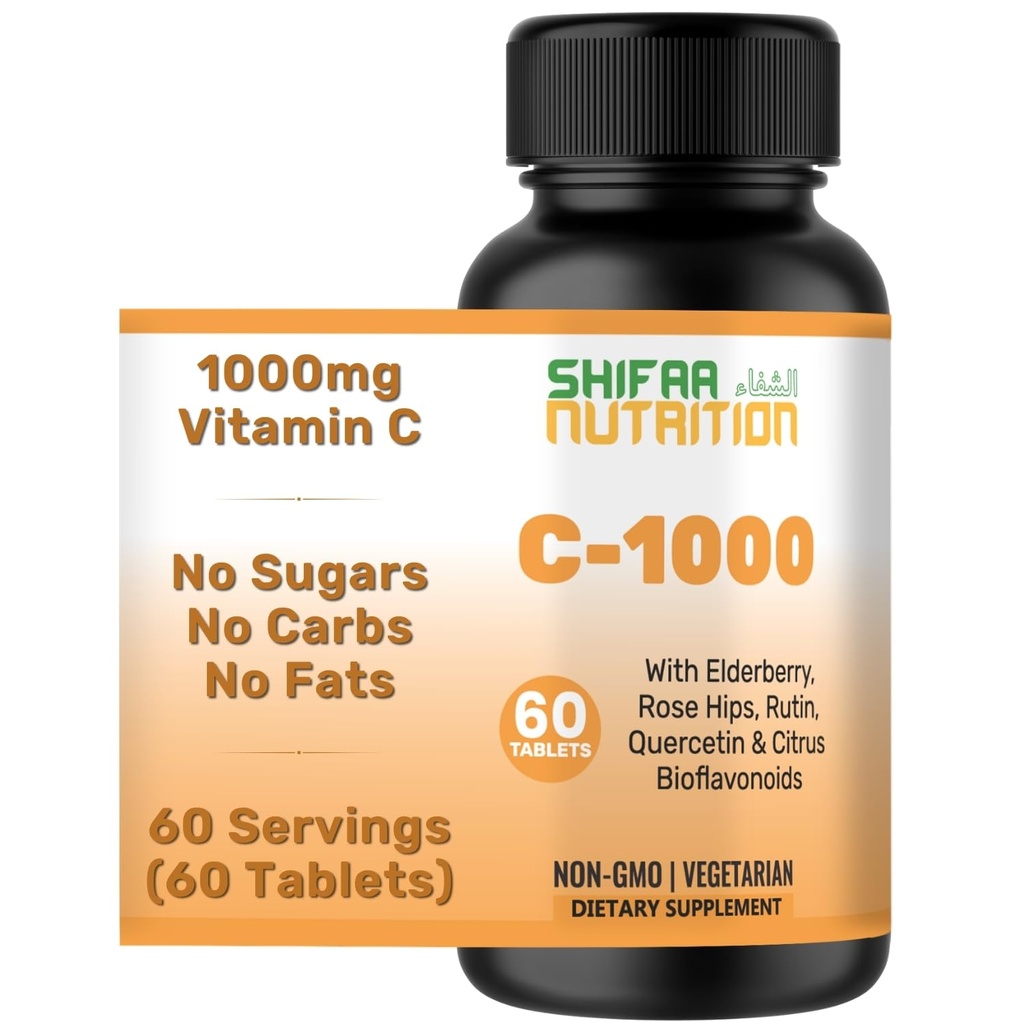 SHIFAA NUTRITION Halal Vitamin C-1000mg Tablets, 60 Days Supply. Immune Support Supplement with Vitamin C, Elderberry, Quercetin, Rose Hips & Rutin. Vegetarian, Non-GMO, Sugar Free & Keto Friendly