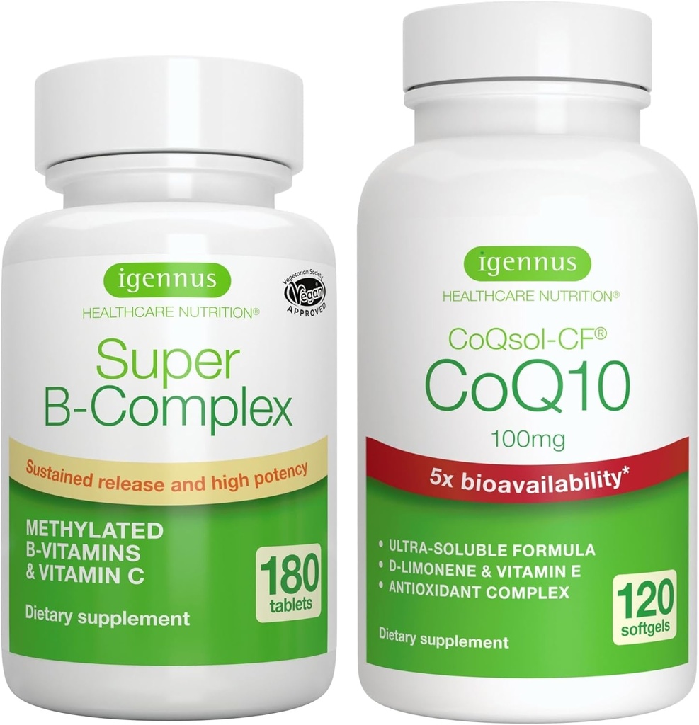 Super B- Complex 180 δισκία + Υψηλή Απορρόφηση CoQ10 100mg 120 Softgels Energy Bundle, Methylated Content Release B Complex + CoQ10 με Βιταμίνη Ε & D- Limonene, από την Igenus