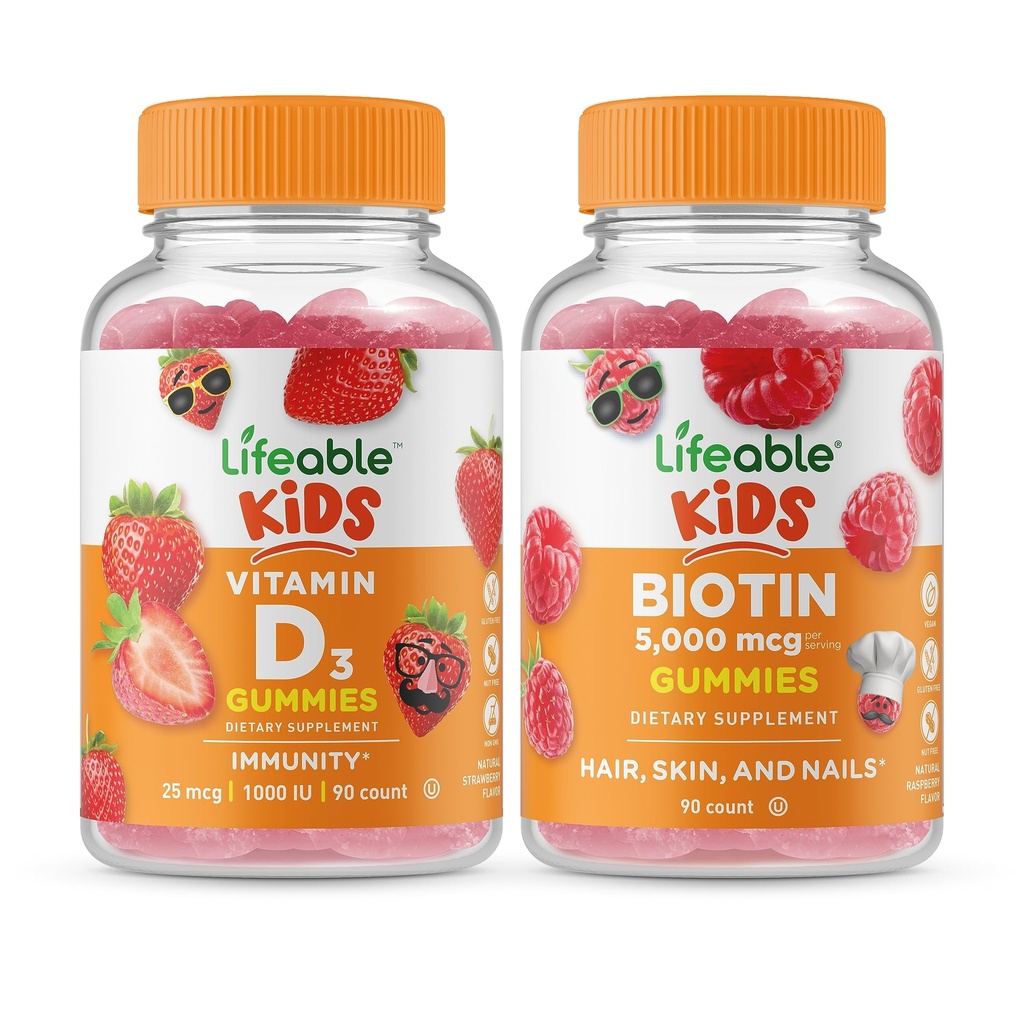 Ζωηρή βιταμίνη D παιδιά + παιδιά βιοτίνης, Gummies Bundle - μεγάλη γεύση, συμπλήρωμα βιταμίνης, χωρίς γλουτένη, GMO δωρεάν, μασώμενη ούλα