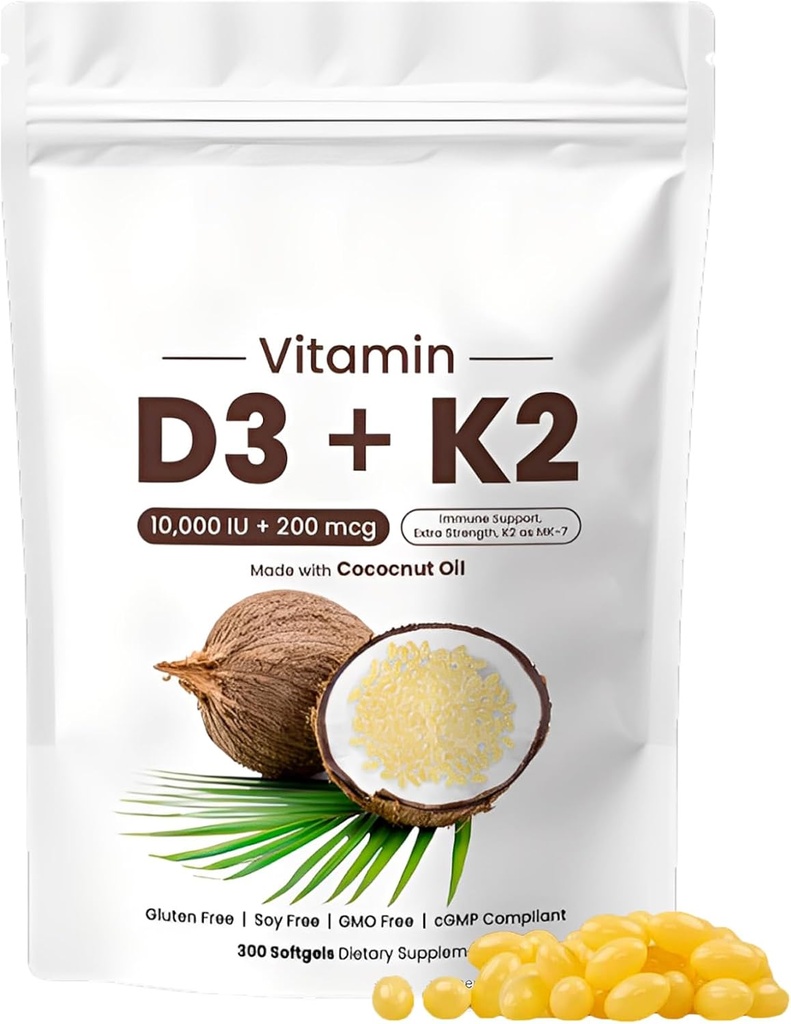 Naturespeak Βιταμίνη D3 K2 10000 IU, 2-σε-1 Λάδι καρύδας Softgels με 10000 IU VIT D3 + 200 MCG Βιταμίνης K2 για Οστέινο, Ανοσοποιητικό & Καρδιά Υποστήριξη 