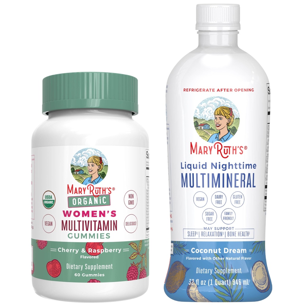 MaryRuth's Multivitamin Gummies for Women (Cherry & Raspberry) & Liquid Nighttime Multimineral Coconut (32oz) 