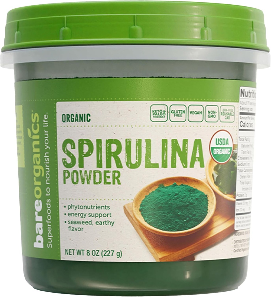 BareOrganics SPIRULINA σκόνη (Raw - Organic), 8 ουγγιά (συσκευασία των 1)