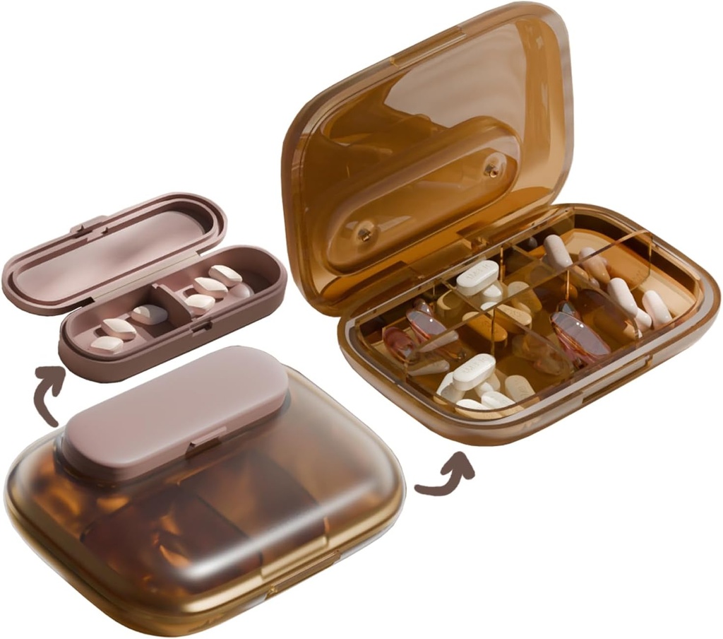 MURRI&MURRDI Travel Pill Organizer, 6 διαμερίσματα μικρό δοχείο χάπι, καθημερινή κουτί χάπια για να κρατήσει βιταμίνες, φορητό θήκη χάπι για Pocket Purse Medicine Organizer Αποσπώμενο (G Coffee)