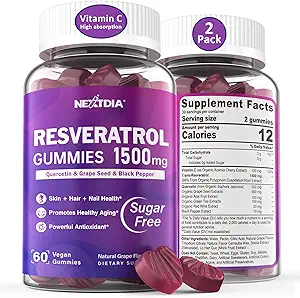 Resveratrol συμπλήρωμα 1500mg - Resveratrol Gummies υποστηρίζει NAD+, NMN & NMNH Synergy, με Quercetin, Σπόροι σταφυλιού, Acai μούρα εκχυλίσματα για Αντιοξειδωτικό, υγιή γήρανση & μακροζωία, δέρμα, εγκέφαλος - 2Pcs