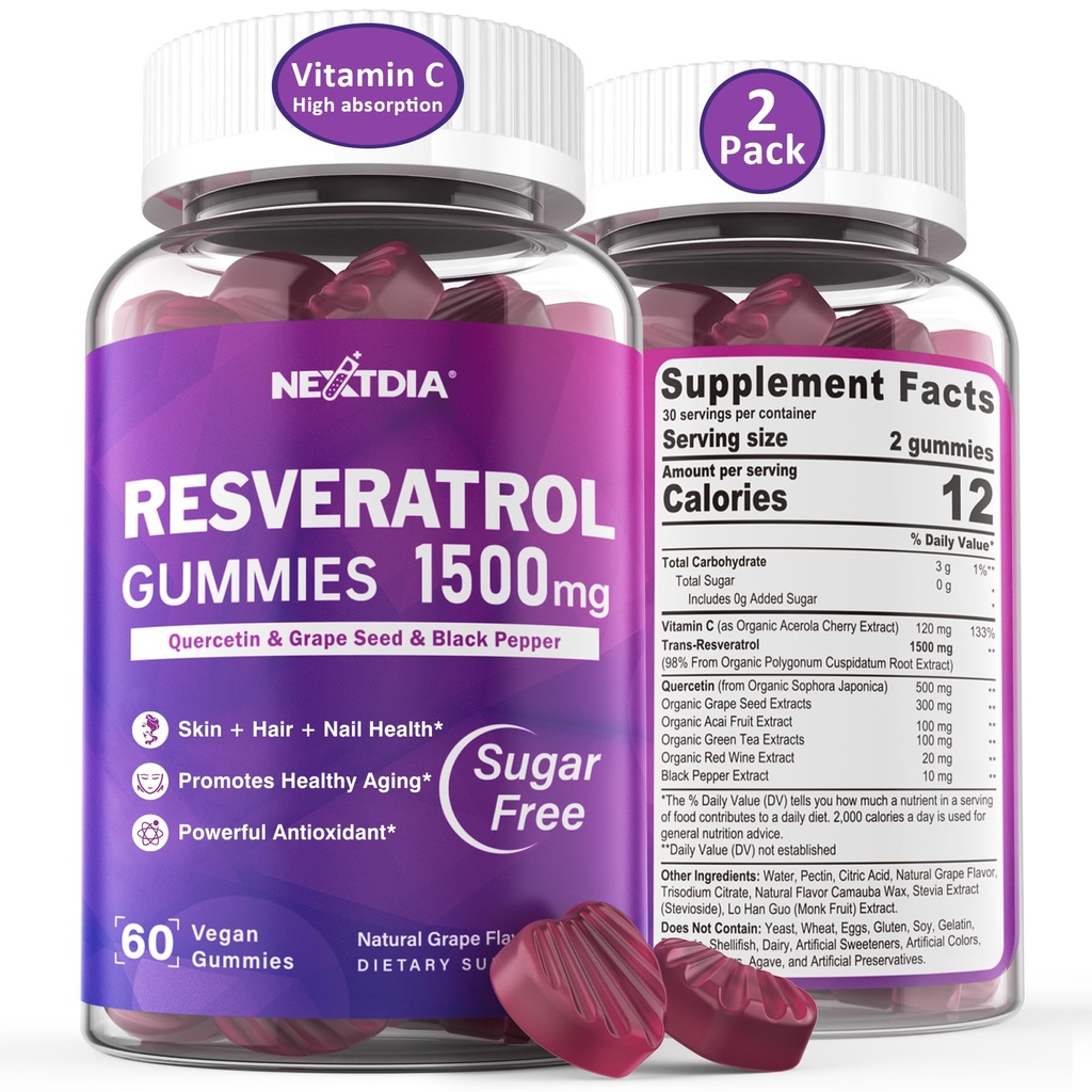 Resveratrol συμπλήρωμα 1500mg - Resveratrol Gummies υποστηρίζει NAD+, NMN & NMNH Synergy, με Quercetin, Σπόροι σταφυλιού, Acai μούρα εκχυλίσματα για Αντιοξειδωτικό, υγιή γήρανση & μακροζωία, δέρμα, εγκέφαλος - 2Pcs