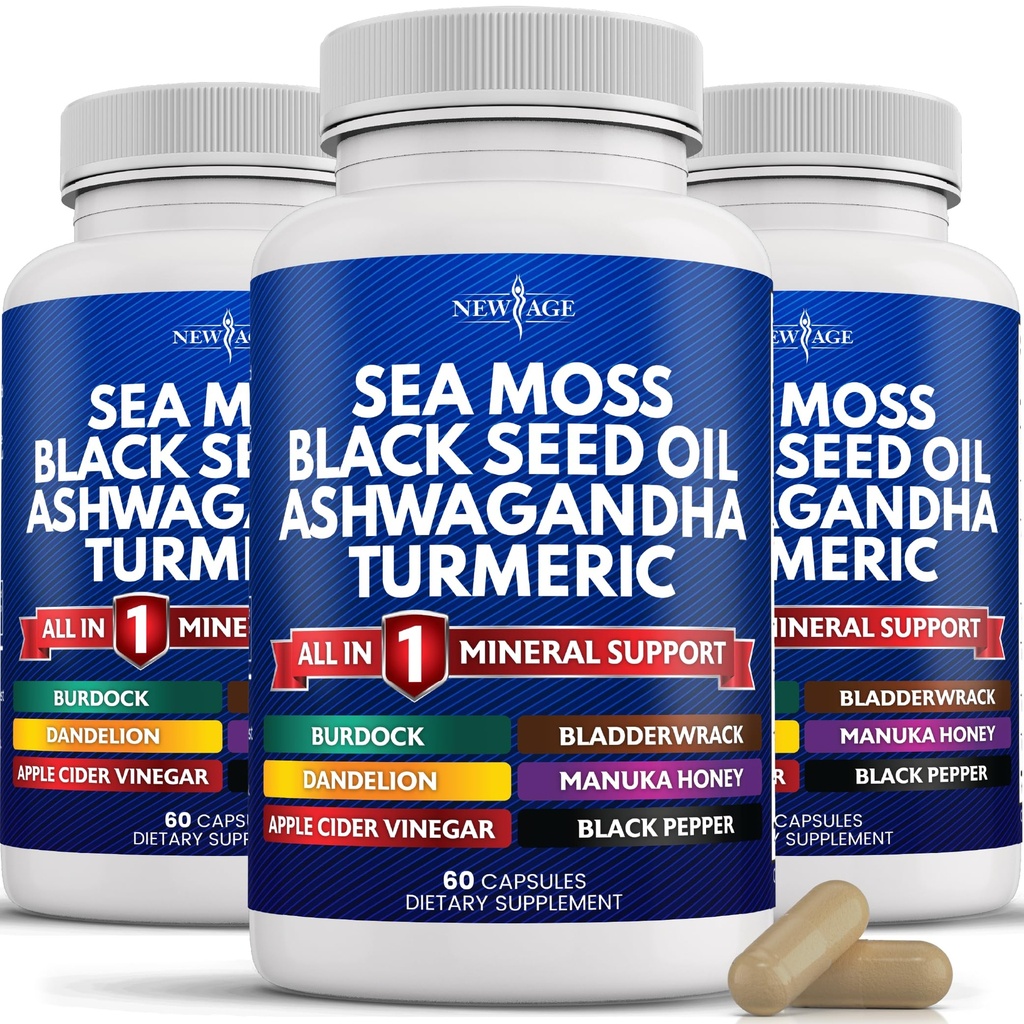 NEW AGE Silica Sea Moss, Black Seed Oil, Ashwagandha, Turmeric, Bladderwrack, Burdock - με Manuka, Honey Dandelion, ACV Μαύρο πιπέρι Χωρίς γλουτένη