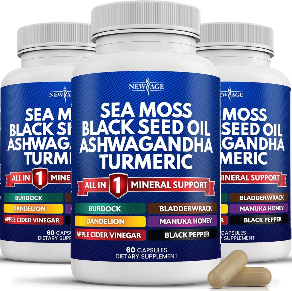 NEW AGE Silica Sea Moss, Black Seed Oil, Ashwagandha, Turmeric, Bladderwrack, Burdock - with Manuka, Honey Dandelion, ACV Black Pepper Gluten Free