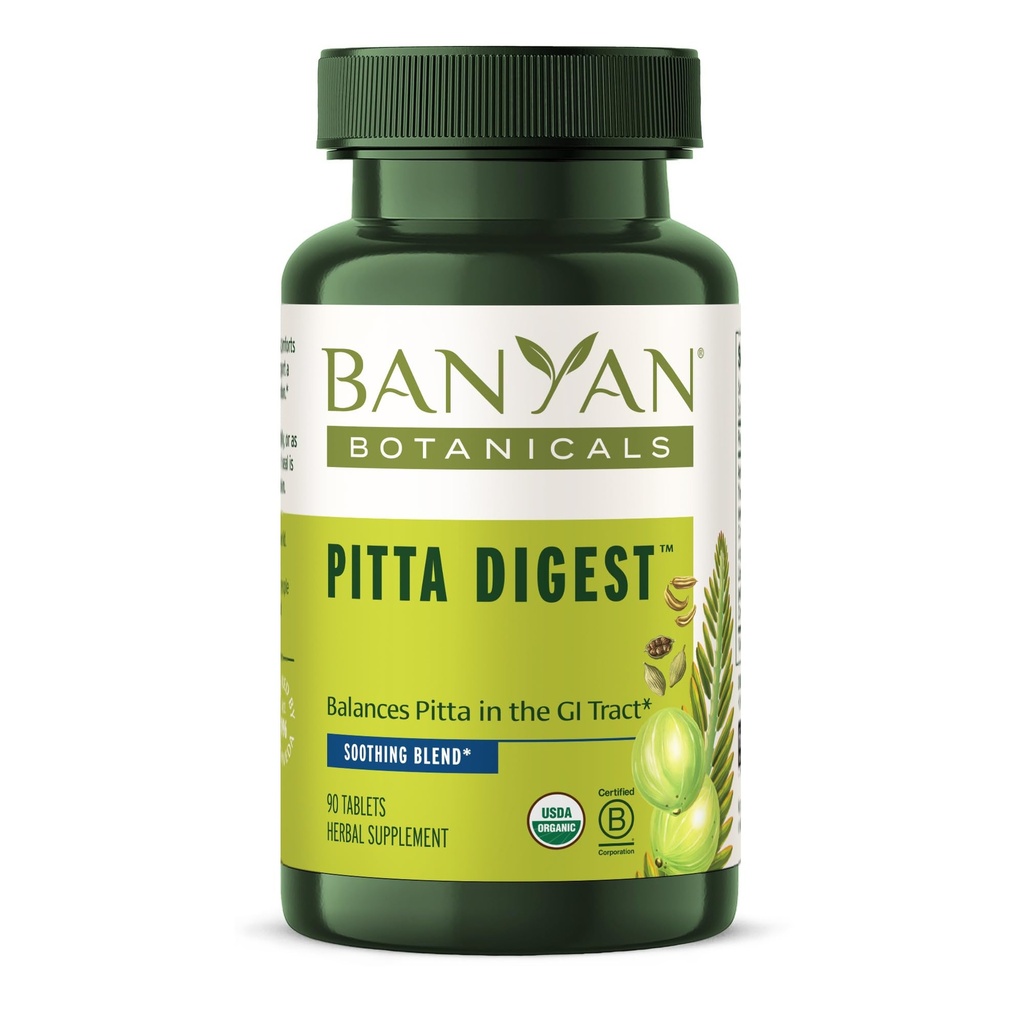 Banyan Botanicals Organic Pitta Digest – Cooling Digestive Supplement for Post-Meal Comfort – Soothing Gut Health Aid with Guduchi, Amla & CCF – 90 Tablets – USDA Organic