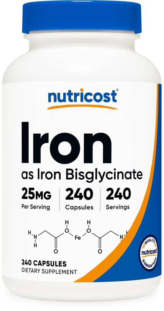 Nutricost Σιδήρου Bisglycinate Supplement (25mg) 240 Κάψουλες - από Χηλικό Διγλυκινικό Σιδήρο - Μη ΓΤΟ & Χωρίς Γλουτένη