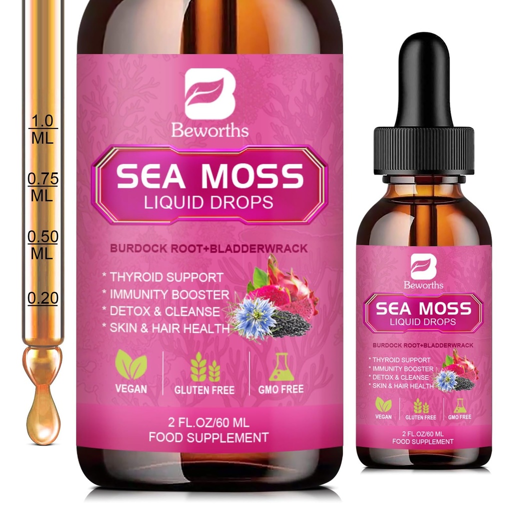 Sea Moss Liquid Drops - Organic Black Seed Oil Irish Sea Moss Gel με Burdock Root, Bladderwrack, Elderberry, Vitamin C, D3, 6X Ισχυρότερο Seamoss Gel για Digestive, Hair Health - Vegan