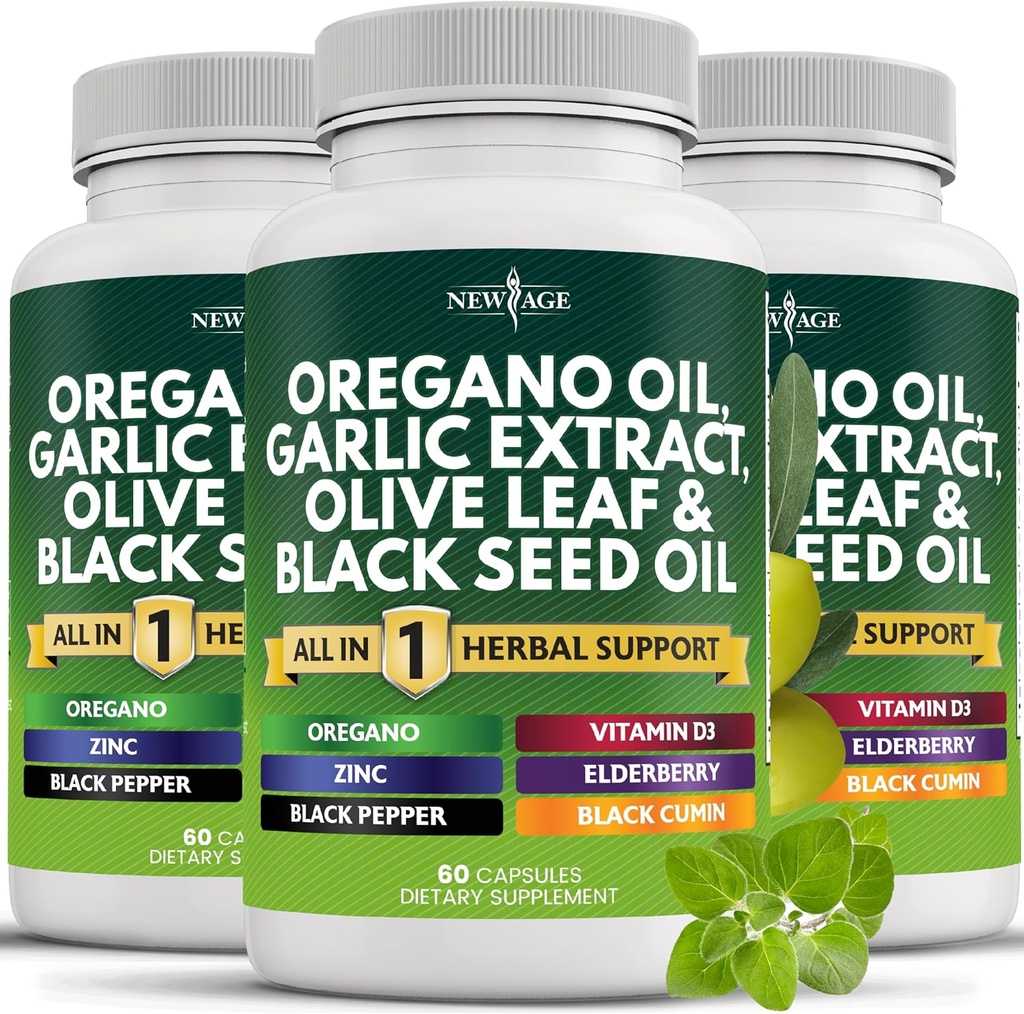 NEW AGE Oregano Oil Garlic Extract Olive Leaf with Astragalus - Supplement for Women and Men - 180 Count