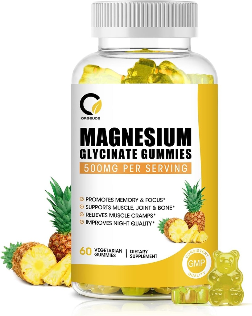 (1 συσκευασία) Γλυκινικό μαγνήσιο Gummies, συμπλήρωμα μαγνησίου υψηλής απορρόφησης με ασβέστιο & βιταμίνες, Οστό υποστήριξης, μυών, νύχτας, μνήμης & διάθεσης, Vegan, μη-GMO, 60 κόμητες, ανανά γεύσης