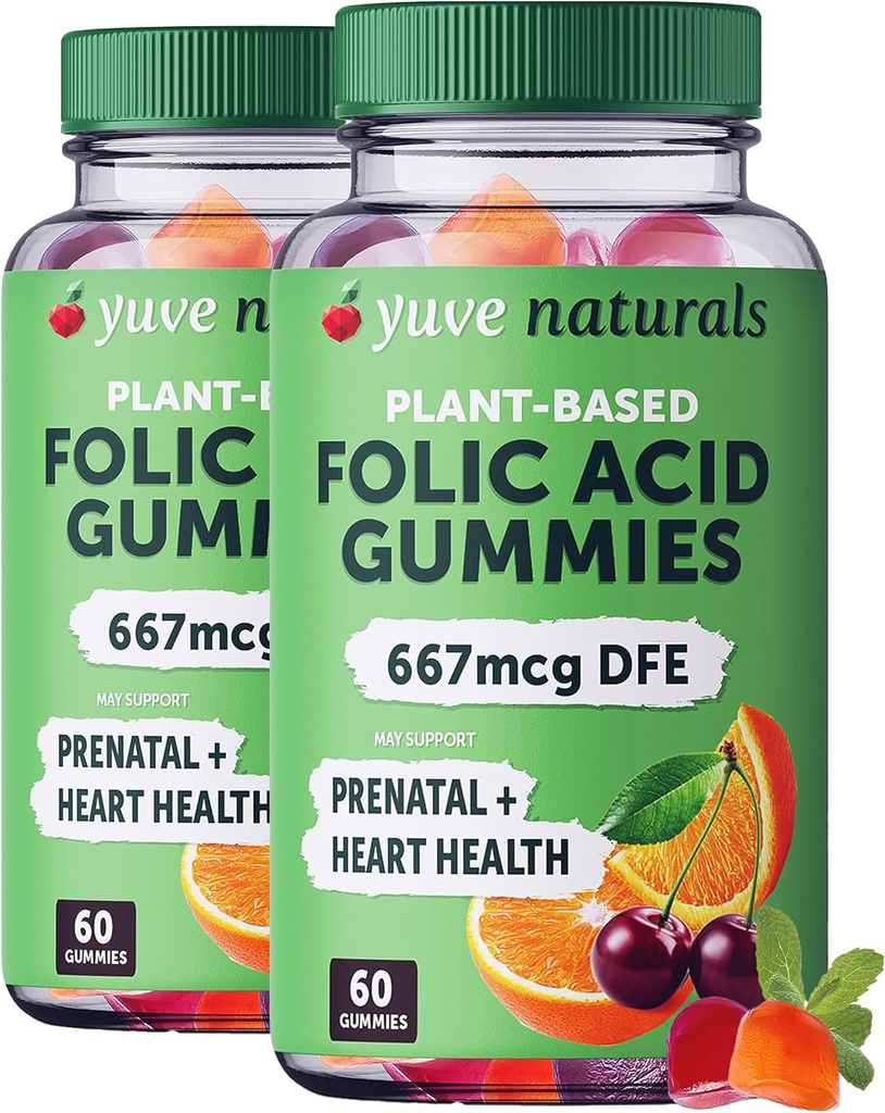 Yuve Προγεννητικά Gummies για γυναίκες - Φολικό οξύ Προγεννητικές Βιταμίνες 667 mcg DFE - Μασώμενες Προγεννητικές Βιταμίνες - Ορμονική Υποστήριξη & Φολικό Οξύ - Vegan & Natural - Προγεννητικές Βιταμίνες Gummies - 2 Pack of 60ct