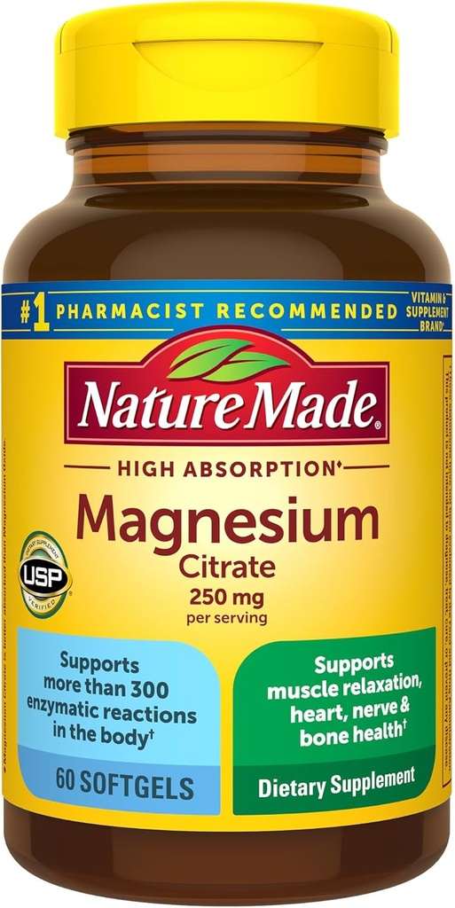 Nature Made Magnesium Citrate 250 mg ανά μερίδα, Συμπληρώματα Μαγνησίου για άνδρες και γυναίκες, Υποστηρίζει τους μυς, τα νεύρα, τα οστά και την καρδιά, 60 Softgels, 30 ημέρες προσφοράς