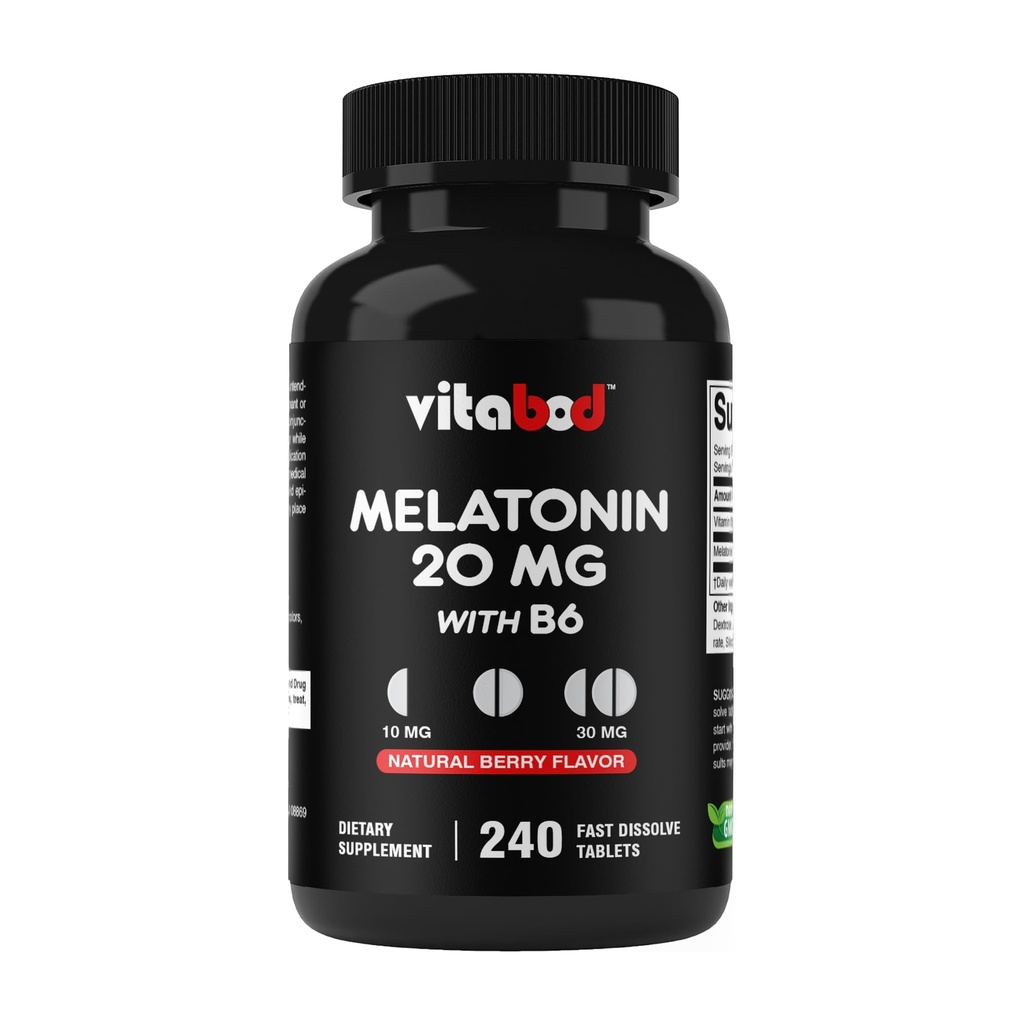 Vitabod Melatonin 20 mg - 240 Ταμπλέτες ταχείας διάλυσης - Χωρίς φάρμακα - Φυσικό άρωμα μούρου - Χορτοφάγος, Μη ΓΤΟ, Χωρίς γλουτένη 240 Count (Pack of 1) (240 Count (Pack of 1))