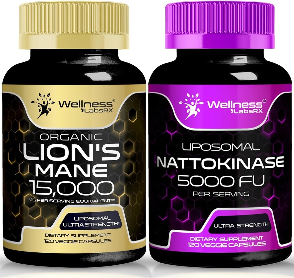 WELLNESS LABSRX Lions Mane Supplement Capsules - 120 Count - Nattokinase Capsules