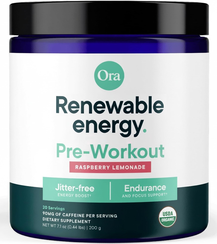 Ora Organic Natural Pre Workout Powder - Raspberry Lemonade Flavor- παρέχει δωρεάν ενέργεια Jitter, εστίαση, ενυδάτωση, & αντοχή - Vegan, πιστοποιημένα βιολογικά, σόγια, γαλακτοκομικά, & χωρίς γλουτένη, 20 υπηρεσίες