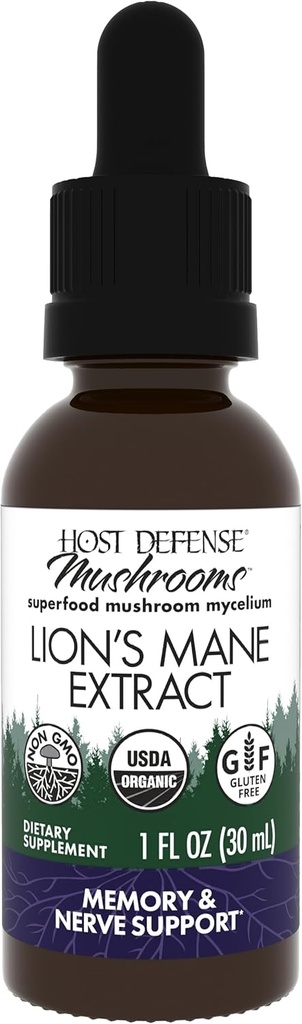Host Defense Mushrooms Lion's Mane Extract - Lion's Mane Liquid Supplement for Brain Health - Mushroom Support for Focus & Memory Function - Ανοσοποιητικό & Νευρικό Σύστημα Υποστήριξη - 1 fl oz (30 Servings)*