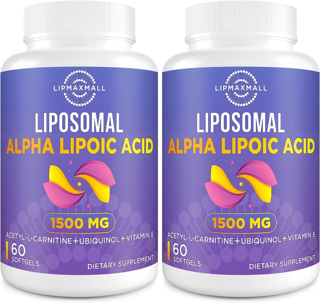 Liposomal Alpha Lipoic Acid 1500mg - με Acetyl-L-Καρνιτίνη 900mg & Ubiquinol 100mg & Βιταμίνη Ε 15mg, Συμπλήρωμα ALA για Αντιοξειδωτικά Γλυκόζη Μεταβολισμός Νεύρο Ενέργεια,60 Softgels (2 Φιάλη)