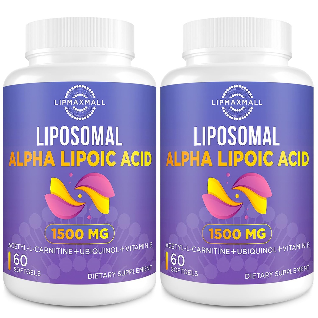 Liposomal Alpha Lipoic Acid 1500mg - με Acetyl-L-Καρνιτίνη 900mg & Ubiquinol 100mg & Βιταμίνη Ε 15mg, Συμπλήρωμα ALA για Αντιοξειδωτικά Γλυκόζη Μεταβολισμός Νεύρο Ενέργεια,60 Softgels (2 Φιάλη)