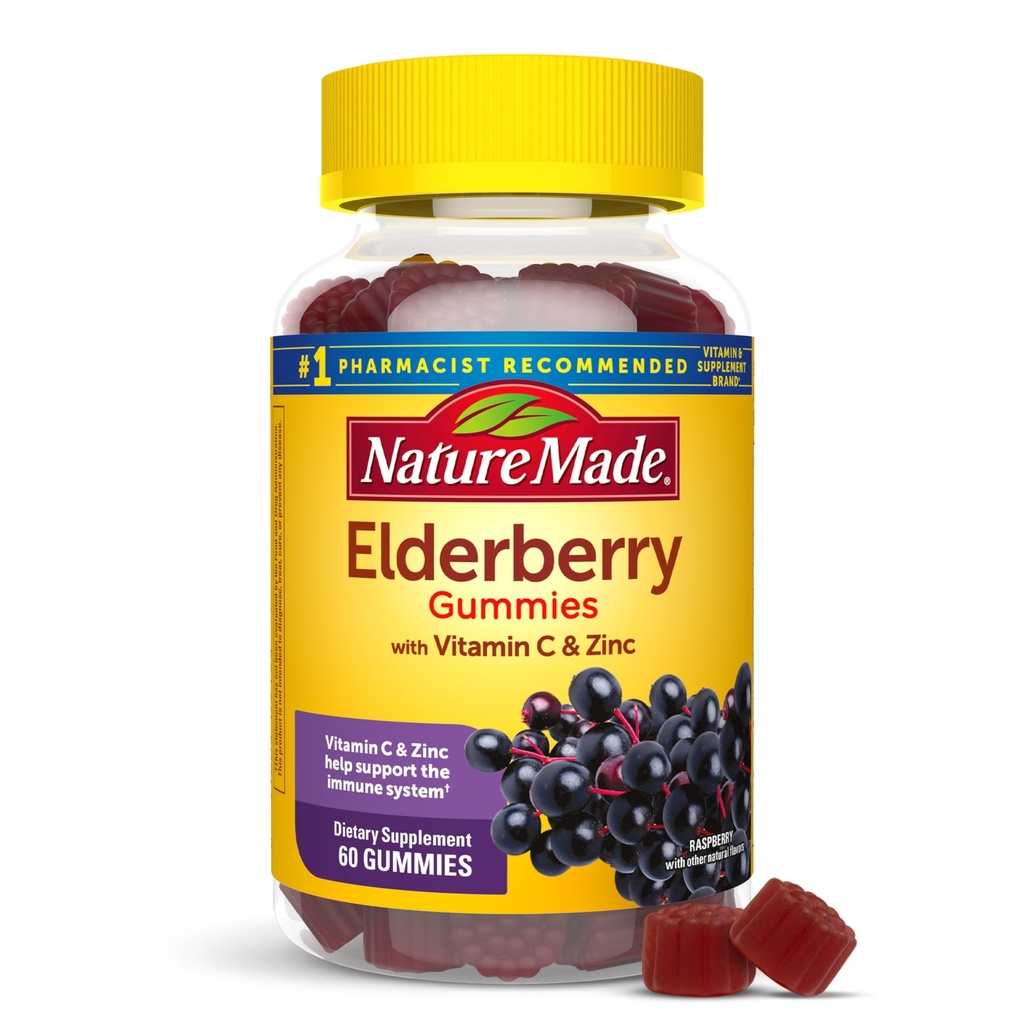 Nature Made Elderberry με βιταμίνη C και ψευδάργυρο, συμπλήρωμα διατροφής για την υποστήριξη του ανοσοποιητικού, 60 Gummys Elderberry, 30 Ημέρα προσφοράς