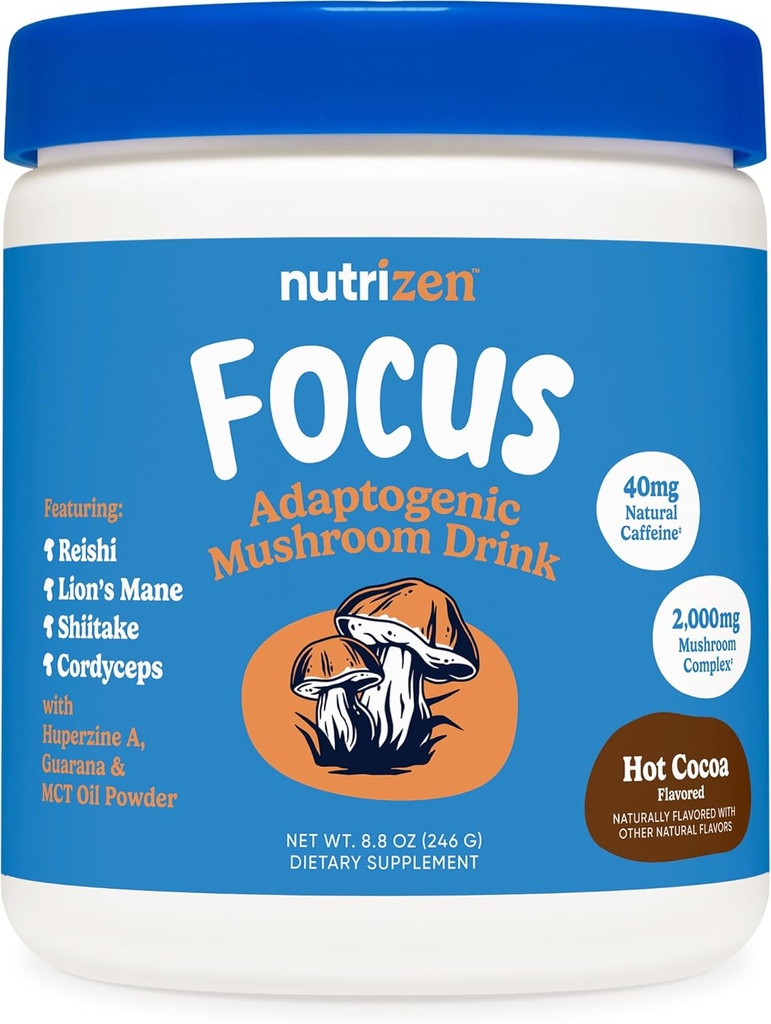 Nutricost Nutrizen AM Focus Adaptogenic Mushroom Drink (Hot Cocoa Flavored) 30 Servings - Includes Reishi, Lion's Mane, Shiitake, Cordyceps