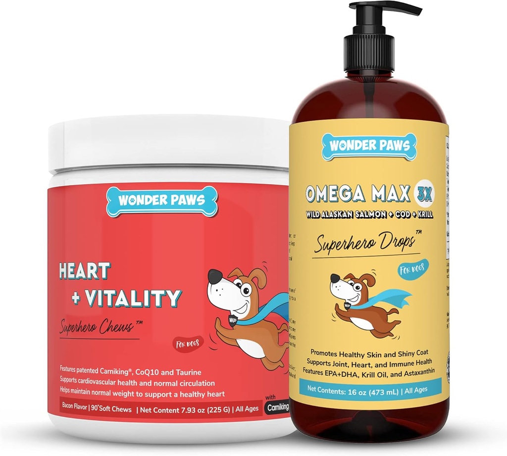 WONDER PAWS Καρδιά + Ζωτικότητα Superhero Chews Plus Omega Max Fish Oil - για σκύλους Heart Health, Skin and Joint Care & Immune Support - Heart + Vitality 90 Chews - Omega Max 16 Ουγγιά