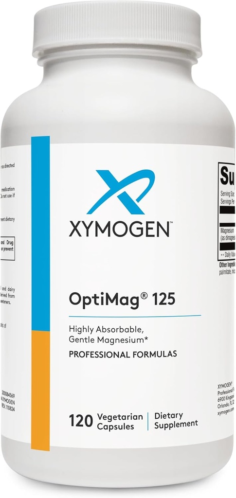 XYMOGEN OptiMag 125 - Συμπλήρωμα μαγνησίου με Di-Magnesium Malate & Γλυκινικό Λυσιακό για την υποστήριξη των νεύρων, των μυών, την υγεία των οστών + την υγεία της καρδιάς (120 κάψουλες)