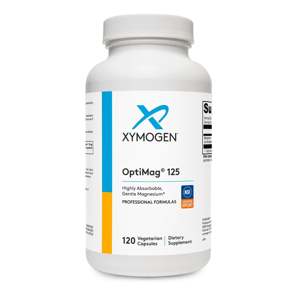 XYMOGEN OptiMag 125 - Συμπλήρωμα μαγνησίου με Di-Magnesium Malate & Γλυκινικό Λυσιακό για την υποστήριξη των νεύρων, των μυών, την υγεία των οστών + την υγεία της καρδιάς (120 κάψουλες)