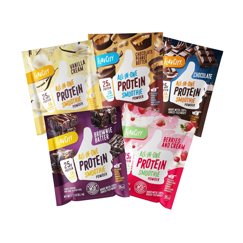 FlavCity Grass Fed Whey Protein Powder - Variety Pack - 25g Protein & 10g Collagen - 5 Single Servet Packets - Φτιαγμένα με Βιολογικό Reishi & Cordyceps - Χωρίς γλουτένη & Χωρίς πρόσθετα σάκχαρα