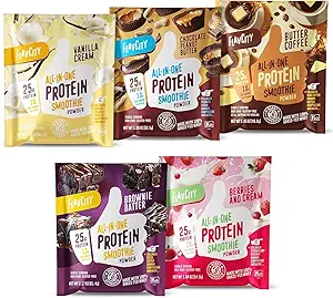 FlavCity Grass Fed Whey Protein Powder - Variety Pack - 25g Protein & 10g Collagen - 5 Single Serve Packets - Made with Organic Reishi & Cordyceps - Gluten Free & No Added Sugars