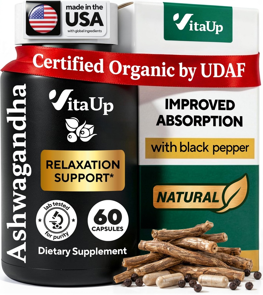 VitaUp Ashwagandha Capsules 1310mg with Black Pepper - USA Made Ashwagandha Supplements for Relaxation Support, Normal Cognitive Function & Balanced Energy Levels – 60 Caps