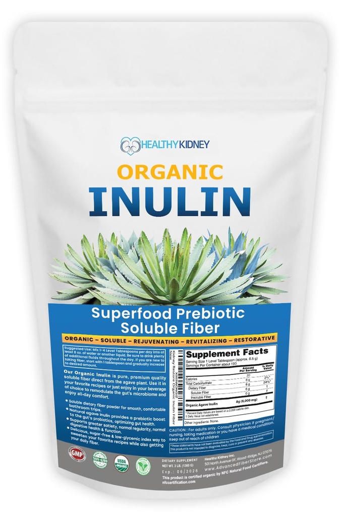 Organic Inulin Powder (48oz/3 lbs) Gentle Agave Prebiotic Soluble Fiber Supplement for Digestive Support, Gut Health, Vegan Baking, Smoothies & Drinks