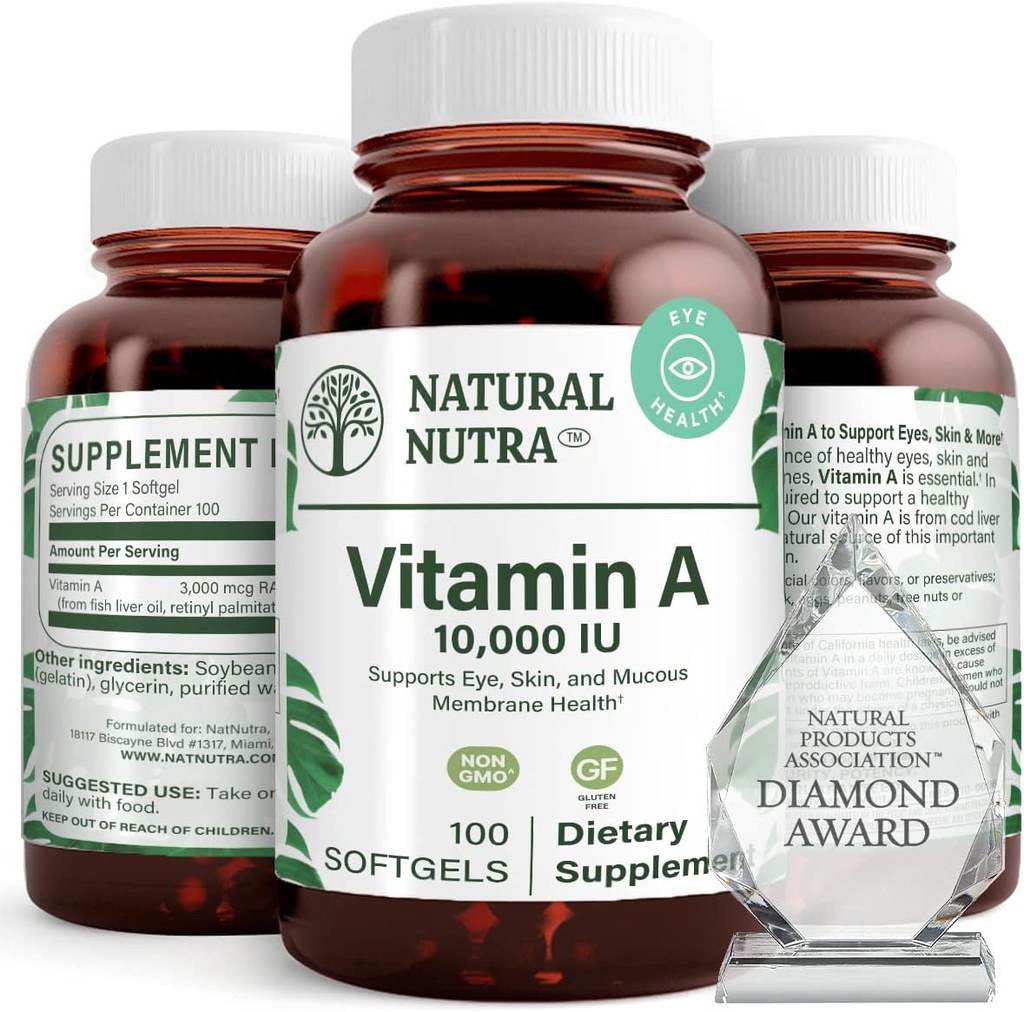 Natural Nutra Vitamin A 10.000 IU Softgels – Υψηλής ισχύος Βιταμίνες ματιών και δέρματος – Χωρίς γλουτένη Βιταμίνη Α συμπλήρωμα για την όραση & την υγεία του δέρματος – Λάδι από συκώτι ψαριών για άνδρες και γυναίκες, χωρίς γλουτένη 100 Softgels
