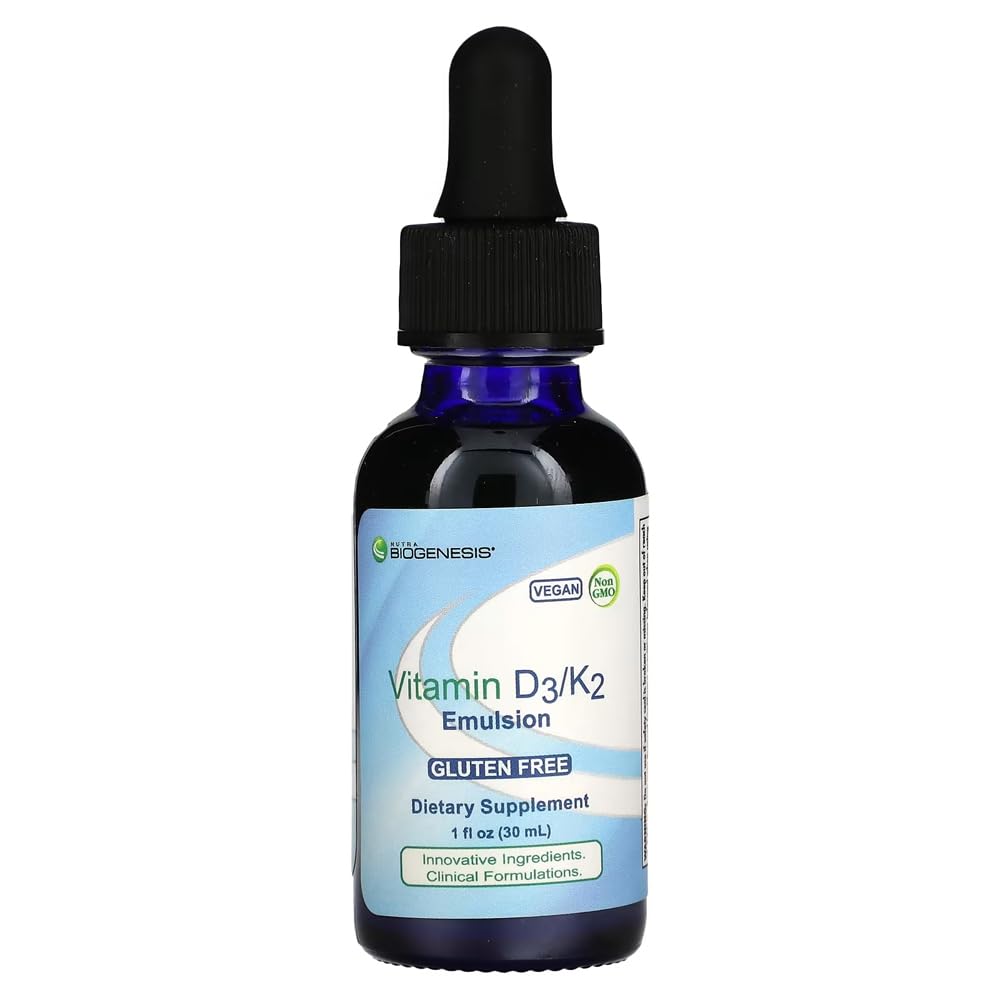 Nutra Biogenesis Vitamin D3/K2 Emulsion - Liquid Vitamin D Drops with MCT Oil, D3 K2 Supplement for Adults and Kids, Sublingual Oil Dropper for Women and Men - 1 Fl Oz Bottle (30 ml)