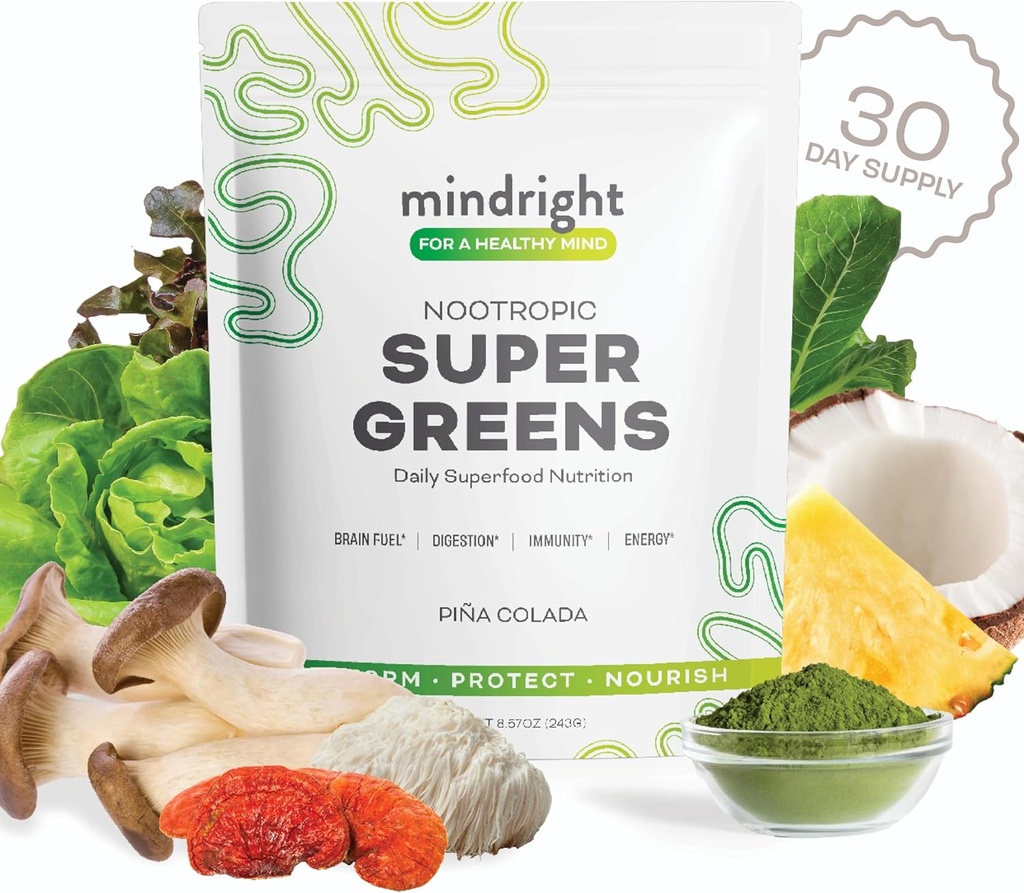 mindright Super Greens Powder - Υποστηρίζει Καθημερινή Ευεξία & Διανοητική Καθαρότητα - Βιολογική Πράσινη Σκόνη Superfood - Αλκαλοποίηση Βιολογικά Superfood Greens Blend - 1 Count - 30 Day Supply