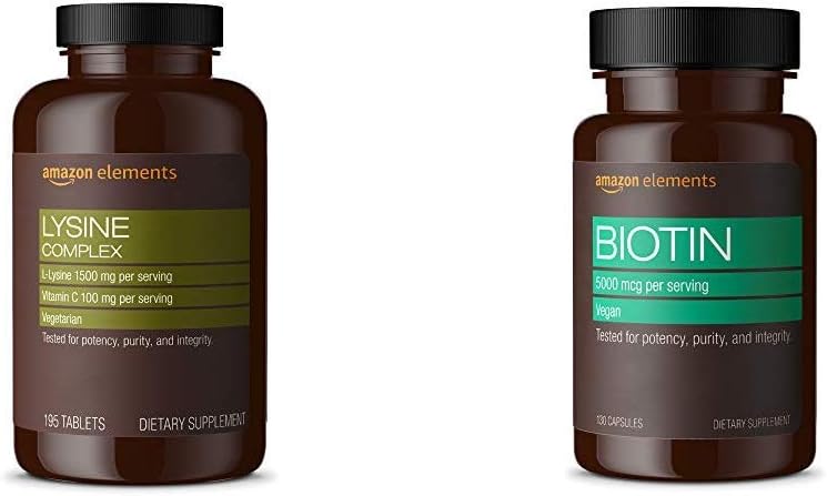 Στοιχεία Lysine Complex με Βιταμίνη C (1500 mg L-Lysine με 100 mg Βιταμίνη C ανά Σερβίρισμα - 3 δισκία), Υποστηρίζει Ανοσολογική Υγεία, Χορτοφαγική, 195 Count (Η συσκευασία μπορεί να διαφέρει) και Στοιχεία Vegan Biotin 5000 mcg - Μαλλιά, Δέρμα, Νύχια, 130 κάψουλες (4 μήνες προμήθεια) (Η συσκευασία μπορεί να ποικίλει)
